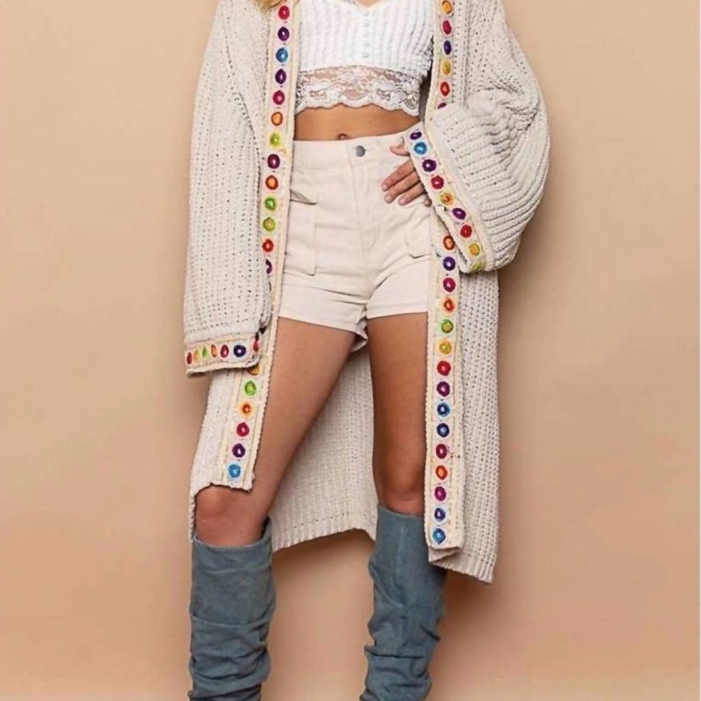 POL Ivory Chunky Oversized Knit Long Cardigan with Multicolor Trim BOHO Size M